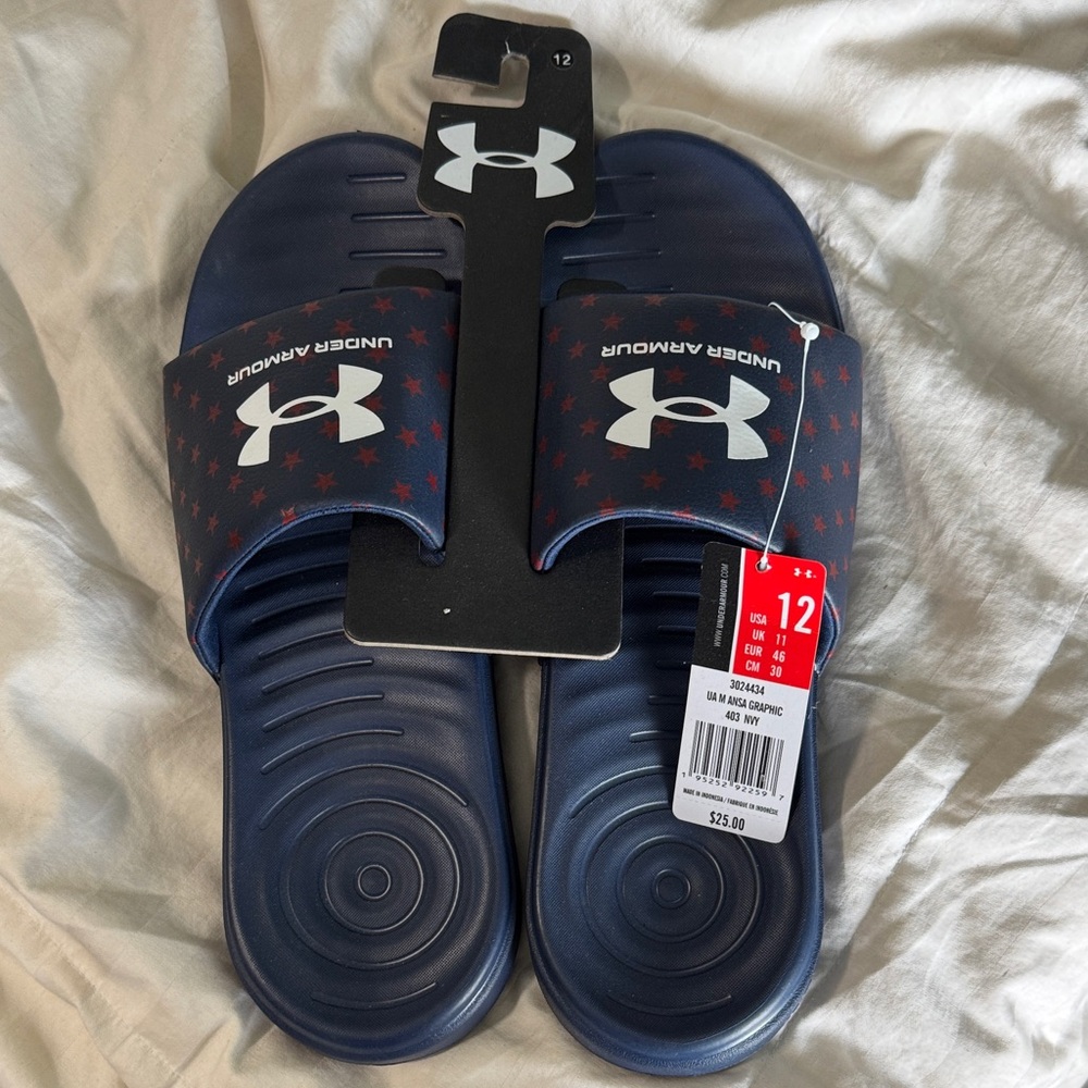 Under Armour Blue Slide Sandals with Red Stars